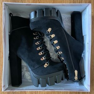 Black suede booties. BRAND NEW. Heel 5.25”, platform 1.5”.